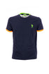 Navy blue stretch cotton T-shirt with embroidered logo and multicolor details