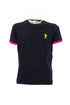 Black stretch cotton T-shirt with embroidered logo and multicolor details