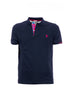 Navy blue polo shirt in stretch cotton with embroidered logo and patterned collar