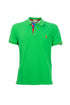 Green polo shirt in stretch cotton with embroidered logo and patterned collar