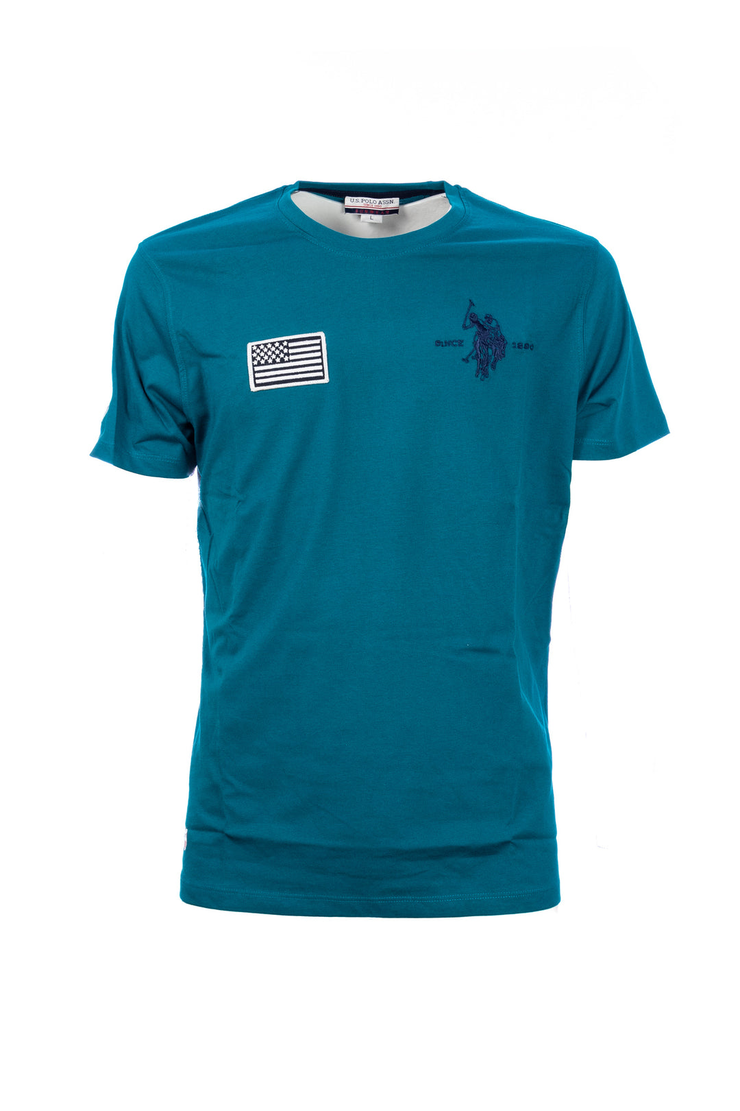 U.S. POLO ASSN. BEACHWEAR T-shirt ottanio in cotone con logo e bandiera USA ricamati - Mancinelli 1954