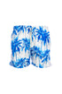 White swim shorts in light fabric with blue palm print