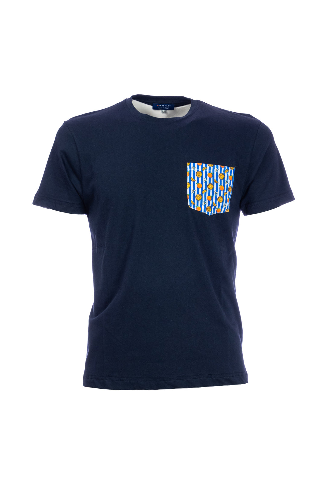 W-POSTAGE T-shirt blu scuro in cotone con taschino stampato con arance - Mancinelli 1954