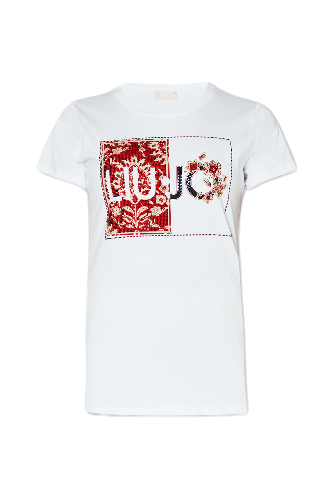 LIU JO T-shirt bianca in cotone con stampa LIU JO e applicazioni - Mancinelli 1954